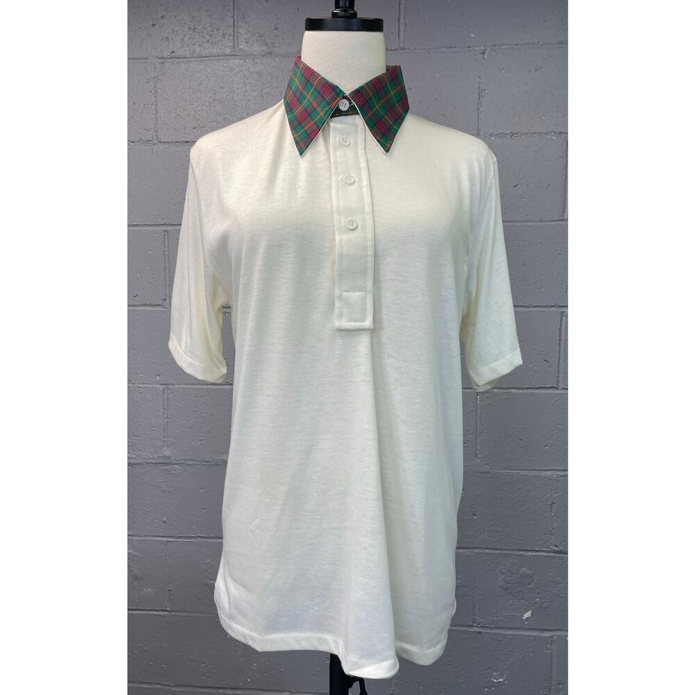 Vintage 1980s Izod Polo Shirt Plaid Collar Jersey Knit Single Stitch Medium